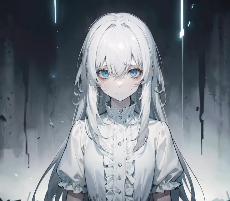((masterpiece, solo)), (1girl:1.44), very long messy hair,  (dread), ((very pale skin)), pale blue eyes, (gloomy), (dark atmosphere), tired, bags under eyes, dimly lit, dark aesthetic, ((empty eyes)), ((dark messy room)), loneliness, emptiness, ((depressed)), (white dress), white hair, depression, short sleeves,  intricate, (abstract), (Best quality), (Extremely Detailed CG Unity 8k Wallpaper), <lora:bags_under_eyes_v1:1>