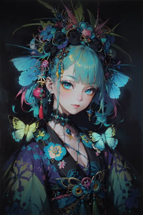 masterpiece, best quality, (high-resolution:1.2), portrait of a woman in Harajuku style, Bioluminescent fashion, Vivid colors, authentic vintage feel, by Anne Bachelier, Japanese street fashion, eclectic, colorful,