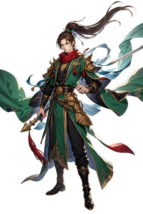 3g,(8k,best quality,masterpiece,ultra highres:1.2), a male character in a fantasy game, in the style of dark green and light brown, tangled forms, nightcore, handsome, ricoh ff-9d, romanesque, heavy shading, An assassin., Longquan sword ,Full body, white background Full body, white background, high ponytail, big scarf, streamers,<lora:HXSG:0.6>,