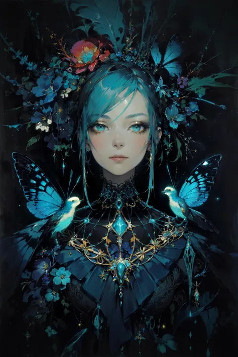 masterpiece, best quality, (high-resolution:1.2), portrait of a woman, Bioluminescent fashion, Vivid colors, authentic vintage feel, by Anne Bachelier,