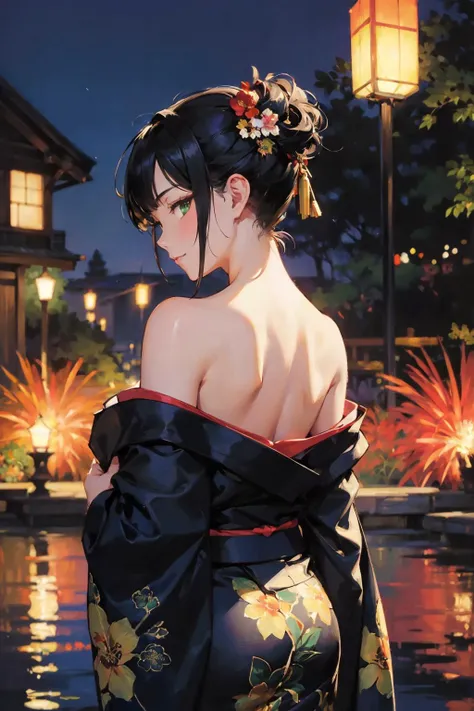 (((8k wallpaper of extremely detailed CG unit:1.2, masterpiece, hight resolution:1.2, top-quality:1.2, masutepiece))), ((very beautiful naked woman, Not wearing underwear:1.8, Face your butt to the viewer, butt is submerged in water:1.3, sad Facial expression)), ((extra detailed face, Highly detailed black eyes, extra detailed body, Top quality real texture skins)), (cabelos preto e longos, Light pink eyeshadow:1.2, de pele branca, Black and red kimono:1.2, back and shoulders exposed, Waist and buttocks are exposed), ((plein air, Lanterns floating on the water surface)), Shoulder, hyper realisitic, digitial painting,