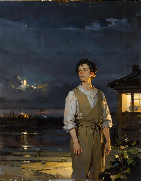 (masterpiece, best quality:1.2), 1man, short hair, looking at the sky, outdoors, windy, (dyamic shot:1.1), rim light, (night:1.3), dimly lit, oil painting, post-Impressionist, caravaggio style, dramatic, (melancholic),