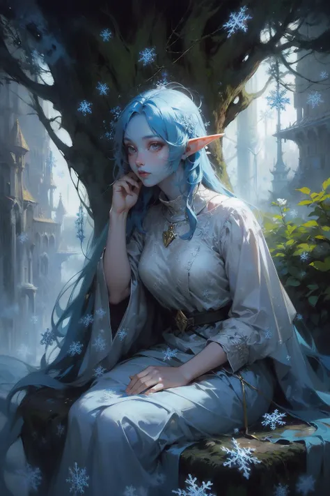 era elf,(giant elves sit on the treetops:1.2),(snowflakes:1.4),(blue skin),enchanting beauty,(fantasy),(elf mother tree),(world tree),ethereal glow,pointed ears,delicate facial features,long elegant hair,mystical ambiance,soft lighting,tranquil expression,harmonious with nature,subtle magical elements,serene,dreamlike quality,pastel colors,<lora:blue247:0.9>,1person blue_skin,(castle),<lora:Dreamwave v2L:0.5>,