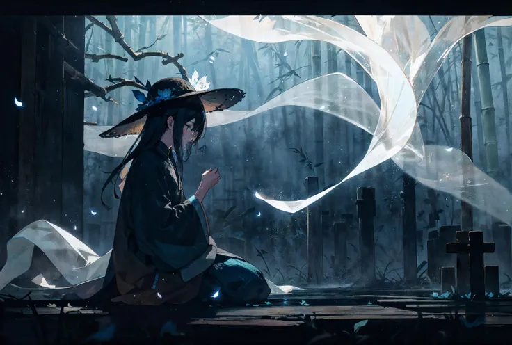 1girl,late at night,ghost,weeds emitting blue light,equinox flower,firefly,a dim atmosphere,(and its rich details:1.3),strong contrast,hard shadow,smoke,strong breeze,petal,particle,mourning for a friend,sit down,bamboo hat,ancient chinese xiake,simple wooden tombstone,holding a glass of wine,