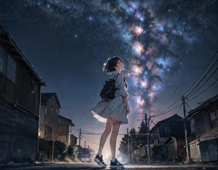 1girl,the perfect galaxy,night in the township,(looking up from below:1.2),sense of atmosphere,sentimental,telegraph pole,looking up at the starry sky,(the whole body:1.4),white dress,the girl next door,master composition,8k quality,pavement,on the way home,socks,converse shoes,walk,(large dynamic perspective:1.3),wide-angle lens,50mm lens,(film particles:1.4),(back shadow:1.4),behind,golden ratio composition,dim street environment,no lighting,