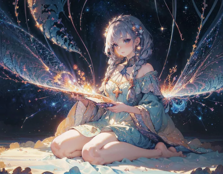 (masterpiece, top quality, best quality, official art, beautiful and aesthetic:1.2), (1girl:1.3), (fractal art:1.3), best quality, original, extremely detailed wallpaper, illustration, long eyelashes, colored eyelashes, (sharp eyes:1), light rays, hair ornament, star, constellation, braids, divine, divinity, sitting, full body, intricate dress, starlight