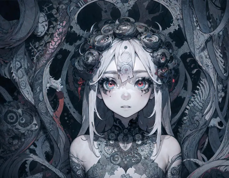 (1girl:1.4),horror art, dread, unity 8k wallpaper, ultra detailed, beautiful and aesthetic, masterpiece, best quality, (zentangle, mandala, tangle, entangle) intricate, highly detailed, artstation, behance, deviantart featured