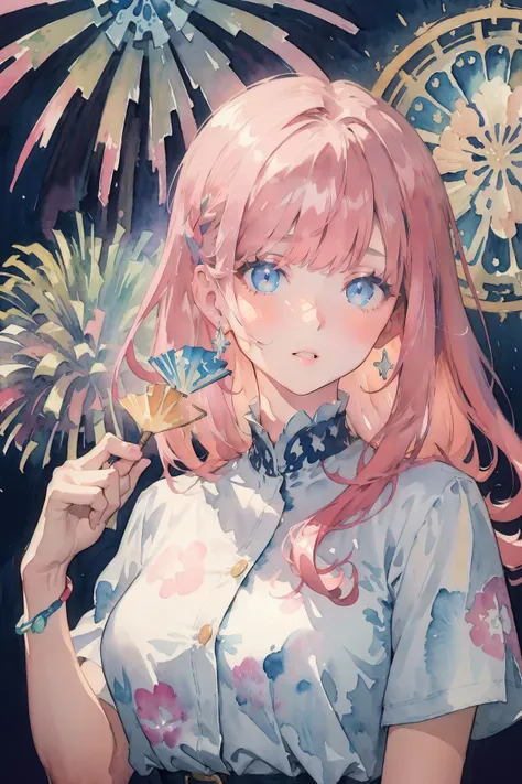 (masterpiece, top quality, best quality,watercolor (medium),official art, beautiful and aesthetic:1.2),(1girl:1.3), (fractal art:1.3),pink hair, blue eyes, long hair, bangs, parted lips, solo focus, upper body, fireworks, 1girl, jewelry, multiple girls, glowing, shirt, indoors, short sleeves, holding