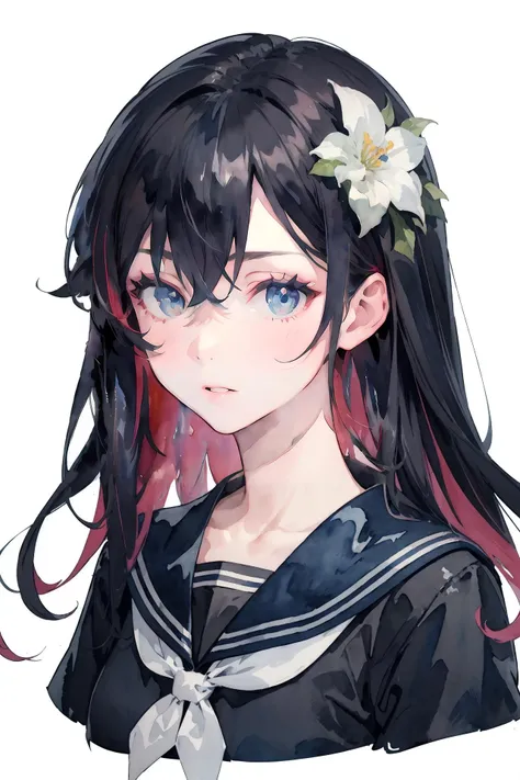 (masterpiece, top quality, best quality,watercolor (medium),official art, beautiful and aesthetic:1.2),1girl, solo, hair ornament, flower, hair flower, long hair, blue eyes, sailor collar, black hair, white background, looking at viewer, multicolored hair, bangs, simple background, school uniform, neckerchief, blue hair, serafuku, hair between eyes, colored inner hair, shirt, upper body, black sailor collar, two-tone hair, blue flower, parted lips, portrait, black shirt, blue neckerchief, closed mouth, collarbone, white flower