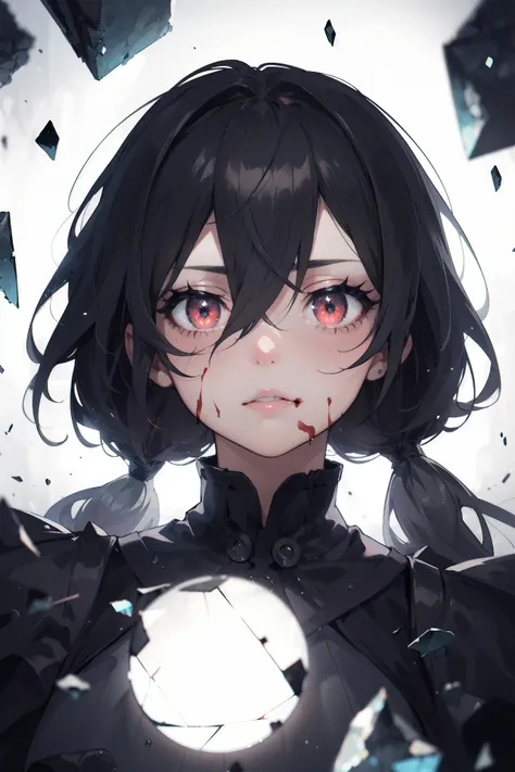 (masterpiece, best quality, ultra-detailed, best shadow), (detailed background,dark fantasy), (beautiful detailed face), high contrast, (best illumination, an extremely delicate and beautiful), ((cinematic light)), colorful, hyper detail, dramatic light, intricate details, (1girl, solo,black hair, sharp face,low twintails,red eyes, hair between eyes,dynamic angle), blood splatter, swirling black light around the character, depth of field,black light particles,(broken glass),magic circle,