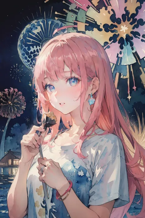 (masterpiece, top quality, best quality,watercolor (medium),official art, beautiful and aesthetic:1.2),(1girl:1.3), (fractal art:1.3),pink hair, blue eyes, long hair, bangs, parted lips, solo focus, upper body, fireworks, 1girl, jewelry, multiple girls, glowing, shirt, indoors, short sleeves, holding