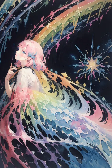 (masterpiece, top quality, best quality,watercolor (medium),official art, beautiful and aesthetic:1.2),(1girl:1.3), (fractal art:1.3),upper body, from side, looking at viewer,patterns,(rainbow color Hair,colorful hair,half blue and half pink hair:1.2),water,liquid, cloud,colorful, starry,stars