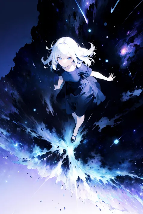masterpiece,(best quality),(1girl) ,solo,(high contrast:1.2),(high saturation:1.2), ((hands on the pocket)),((black and white sdress)),looking at viewer,((purple and blue theme:1.3)),((purple and blue background:1.5)),white hair,blue eyes,((walking:1.3)),full body,black footwear,((the blue water on ground reflecting the starry sky and nebula and galaxy)),((from above:1.2))