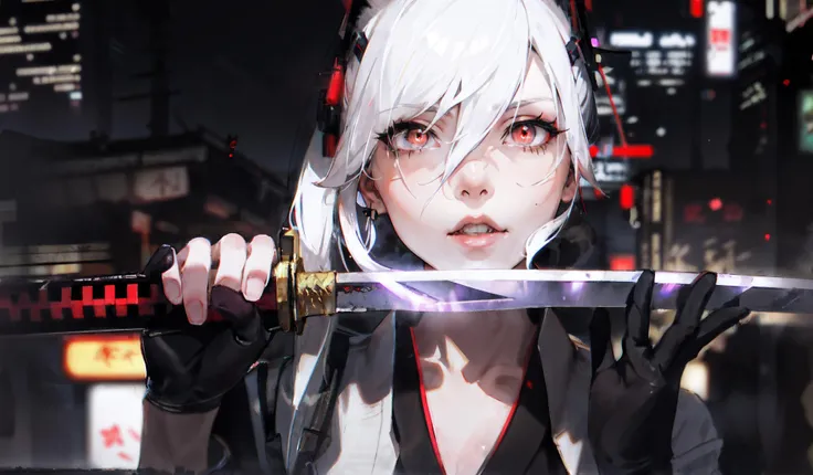 1girl,fox,holding a samurai sword,golden eyes,white hair,huge chest,city,kimono,cyberpunk,future city,neon lamp,