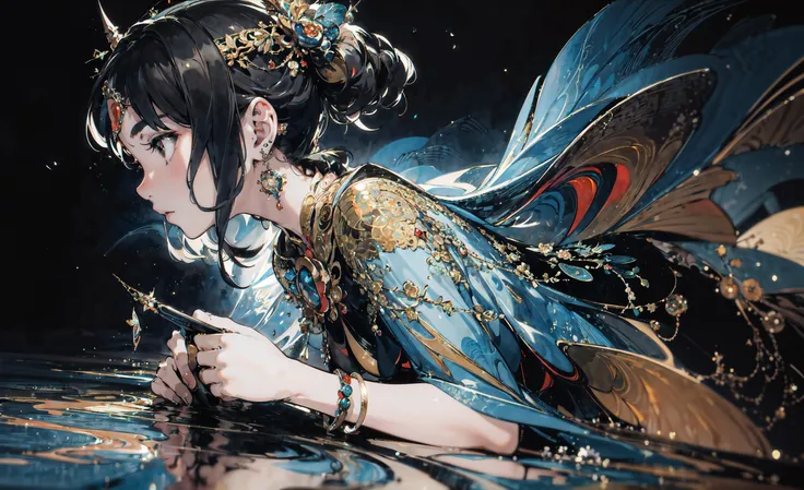 (abstract art:1.3), (style of Yuko Shimizu:1.2), dark theme, night aesthetic, 1girl, (jewelry:1.1), jeweled circlet, side view, masterpiece, best quality, ultra high res, award-winning art, beautiful, gorgeous