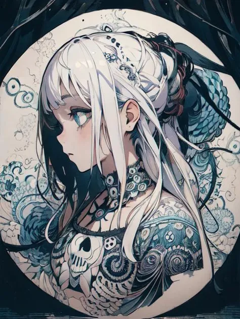 (1girl:1.4),horror art, dread, unity 8k wallpaper, ultra detailed, beautiful and aesthetic, masterpiece, best quality, (zentangle, mandala, tangle, entangle) intricate, highly detailed, artstation, behance, deviantart featured,cute girl whith white hair,face,skull,dark,bones,van Gogh