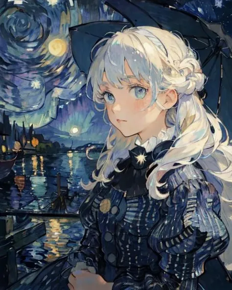 (1girl:1.5),cute girl with white hair,van Gogh,impressionist,star,moonlight,moon,night,ocean,water,up close,rich gradient,extreme colors,extreme details,clear light perception,Harbour,Van Gogh's Starry Night:background,Loneliness,Long hair,aurora,
