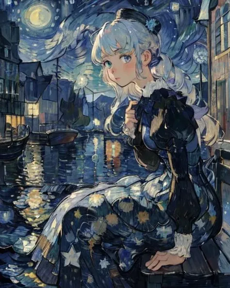 (1girl:1.5),cute girl with white hair,van Gogh,impressionist,star,moonlight,moon,night,ocean,water,up close,rich gradient,extreme colors,extreme details,clear light perception,Harbour,Van Gogh's Starry Night:background,Loneliness,Long hair,aurora,