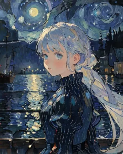 (1girl:1.5),cute girl with white hair,van Gogh,impressionist,star,moonlight,moon,night,ocean,water,up close,rich gradient,extreme colors,extreme details,clear light perception,Harbour,Van Gogh's Starry Night:background,Loneliness,Long hair,aurora,