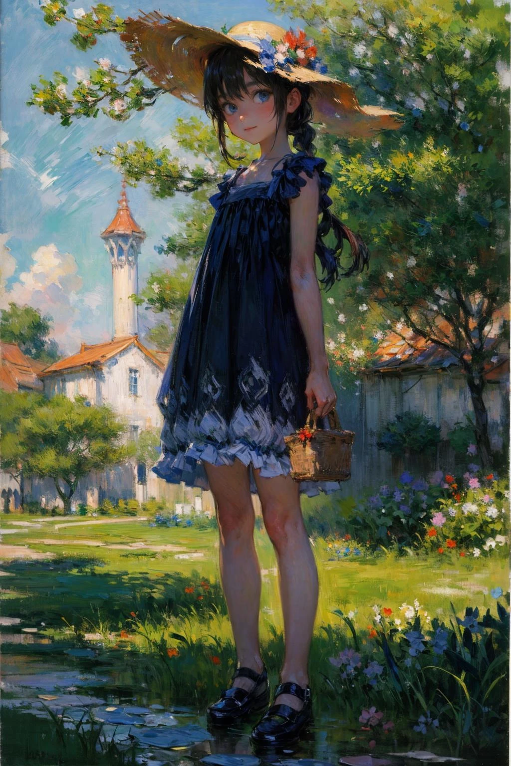 absurdres , highres, ultra detailed, (8 1girl:1.3), BREAK, flat chest, long hair, blonde hair, clear blue eyes, french braid, BREAK, happy, BREAK, sundress, sun hat, mary janes, BREAK, rich gradient, extreme colors, extreme details, clear light perception, BREAK, (monet, impressionist, oil painting), anime character, BREAK, <lora:add_detail:1.0>, <lora:Silicon-landscape-isolation:1>, <lora:GoodHands-vanilla:1>