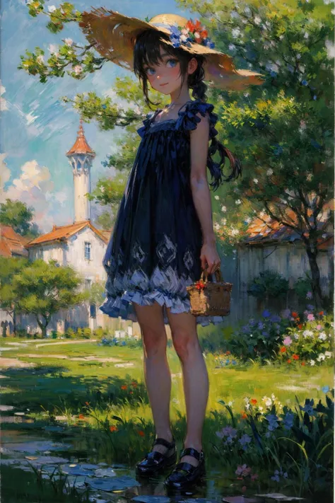 absurdres , highres, ultra detailed, (*** little child 1girl:1.3), BREAK, flat chest, long hair, blonde hair, clear blue eyes, french braid, BREAK, happy, BREAK, sundress, sun hat, mary janes, BREAK, rich gradient, extreme colors, extreme details, clear light perception, BREAK, (monet, impressionist, oil painting), anime character, BREAK, <lora:add_detail:1.0>, <lora:Silicon-landscape-isolation:1>, <lora:GoodHands-vanilla:1>