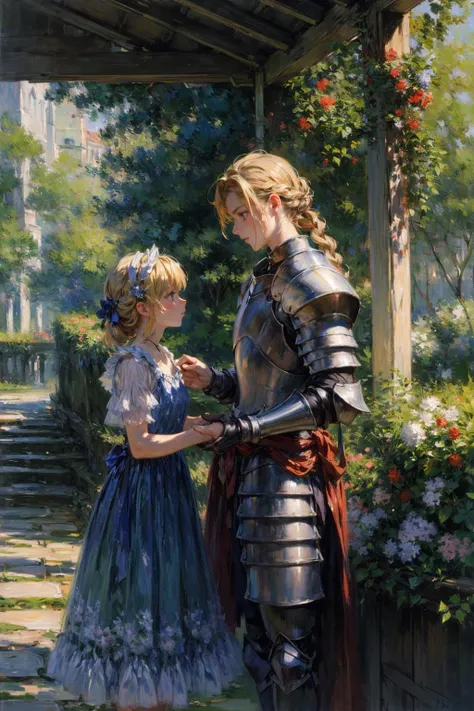 absurdres , highres, ultra detailed, (18yo teenage 2girls:1.3), BREAK, The knight girl hand grabbed at the princess's hand. , eye contact, BREAK, long hair, small breasts, blonde hair, clear blue eyes, french braid, BREAK, knight girl, plate armor with crest, gauntlets, greaves, sword, BREAK, princess girl, floral gown, hair ornament, BREAK, rich gradient, extreme colors, extreme details, clear light perception, BREAK, (monet, impressionist, oil painting), anime character, fantasy, Medieval, BREAK, <lora:add_detail:1.0>, <lora:Silicon-landscape-isolation:1>, <lora:GoodHands-vanilla:1>
