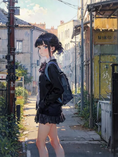 (monet color, oil painting, post-impressionist, Post Impressionist, soft lighting, ), cowboy shot, anime character, lovely, akebi, outdoors,
black plaid miniskirt:1.1, collared shirt, open black cardigan, backpack, blunt bangs, short hair, half updo, bowtie, 
solo, cityscape, streets extend to horizon, people in background, walking, clear sky, 
nice hands, perfect hands, <lyco:GoodHands-beta2:1>, <lora:flatBG:-0.7>, <lyco:[LoConLoRA] pseudo-daylight:0.8>, <lora:npm-v11t-000005:1.0>,
