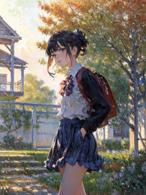 ((oil painting, monet color, post-impressionist, Post Impressionist, soft lighting, autumn, perfect lighting, )), cowboy shot, teenager, anime character, lovely, akebi, outdoors, 
plaid black short miniskirt, cropped collared shirt, black open cardigan, backpack, blunt bangs, short hair, half updo, cute face, beautiful eyes, npmaybe, wind lift one side of skirt, hip peek, 
clear sky, walking, cityscape, streets extend to horizon, bowtie, daylight, simple background, 
nice hands, perfect hands, dynamic angle, <lyco:GoodHands-beta2:1>, <lora:flatBG:-0.9>, <lyco:[LoConLoRA] pseudo-daylight:0.8>, <lora:npm-v11t-000005:1.0>,