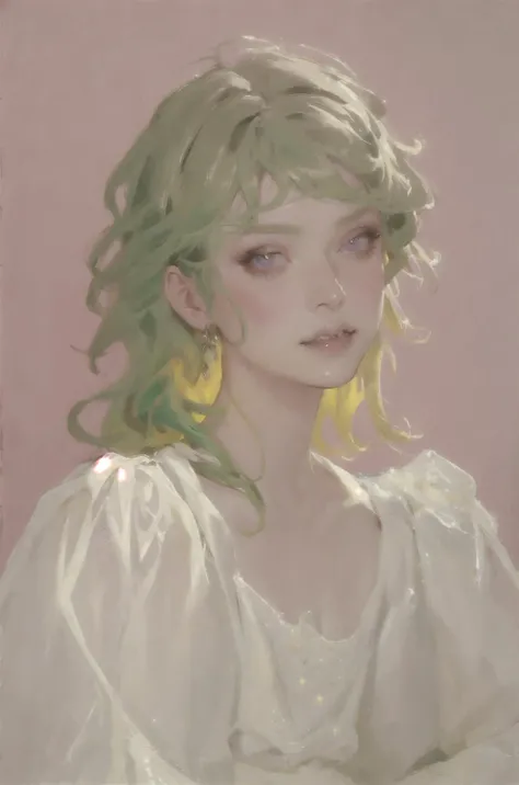 (art by Jean Marc Nattier:0.8), masterpiece, best quality, oil painting style, classical, clear light perception, (John Singer Sargent), vibrant, <lora:Angelcore:0.46> , angelcore, angelcore scene, angelcore portrait, angelcore fashion, <lora:Yellow_Light:0.65> , yellow light, pastel colors, (high contrast:1.25), pink shadows, realistic:1.5,eyes half closed, green hair, lip gloss:0.1, portrait, fangs, bunny hear, messy hair, porcelain white skin, sparkly pupil, gradient hair, sharp features,