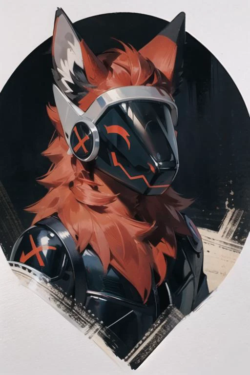 <lora:protogenv2-medium:0.8> , protogen, (protogen face:1.1), (protogen visor:1.1), facing viewer, masterpiece, best quality, upper body portrait, black background, facing viewer, red fur, black fur