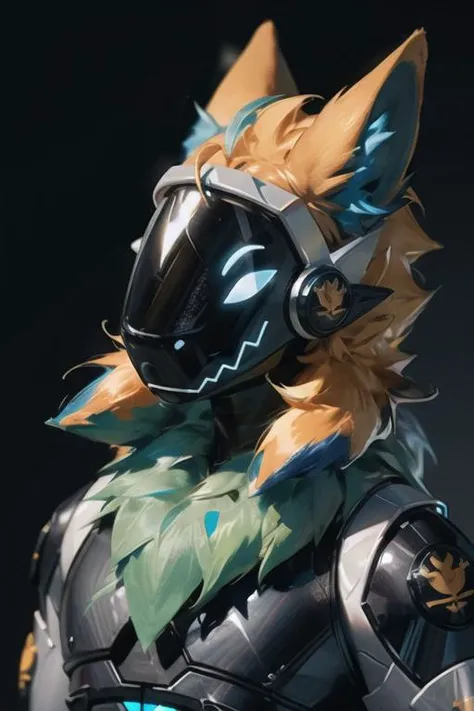 <lora:protogenv2-medium:0.8> , protogen, (protogen face:1.1), (protogen visor:1.1), facing viewer, masterpiece, best quality, dark background, orange blue and green fur