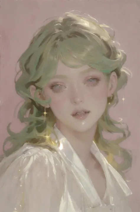 (art by Jean Marc Nattier:0.8), masterpiece, best quality, oil painting style, classical, clear light perception, (John Singer Sargent), vibrant, <lora:Angelcore:0.46> , angelcore, angelcore scene, angelcore portrait, angelcore fashion, <lora:Yellow_Light:0.65> , yellow light, pastel colors, (high contrast:1.25), pink shadows, realistic:1.5,eyes half closed, green hair, lip gloss:0.1, portrait, fangs, bunny hear, messy hair, porcelain white skin, sparkly pupil