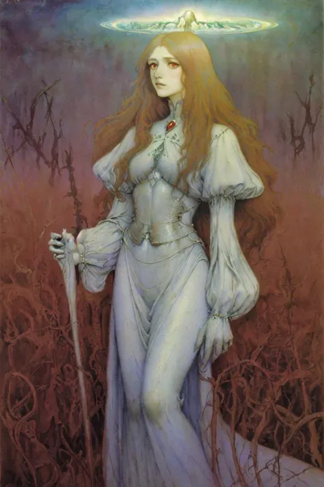 Pre-Raphaelite, watercolor, Zdzisław Beksiński,
A tall woman with opalescent hair and red eyes, wearing a white suit