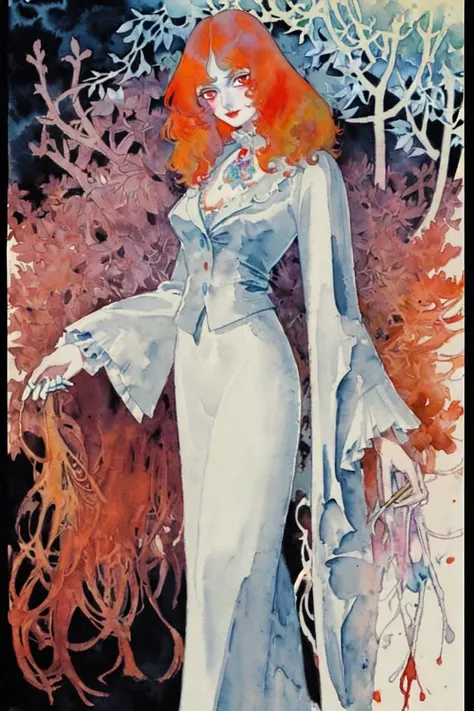 Watercolor, ink drawing, Louis Wain,
A tall woman with opalescent hair and red eyes, wearing a white suit