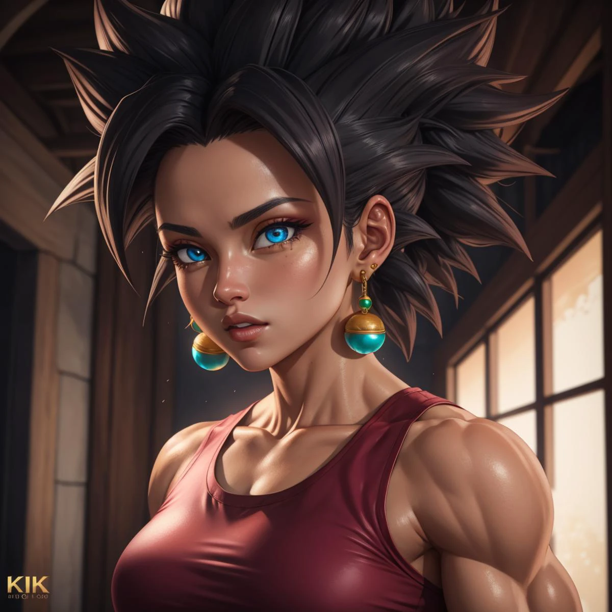 RAW photo, (high detailed skin, detailed eyes:1.1), intricate details, best quality, 8k uhd, soft lighting, kefla_dragonball, muscular, jewelry, earrings, crop top <lora:kefla_dragon_ball:0.7>