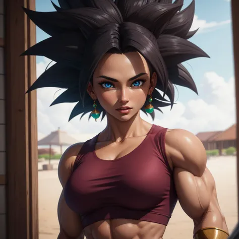 RAW photo, (high detailed skin, detailed eyes:1.1), intricate details, best quality, 8k uhd, soft lighting, kefla_dragonball, muscular, jewelry, earrings, crop top <lora:kefla_dragon_ball:0.7>