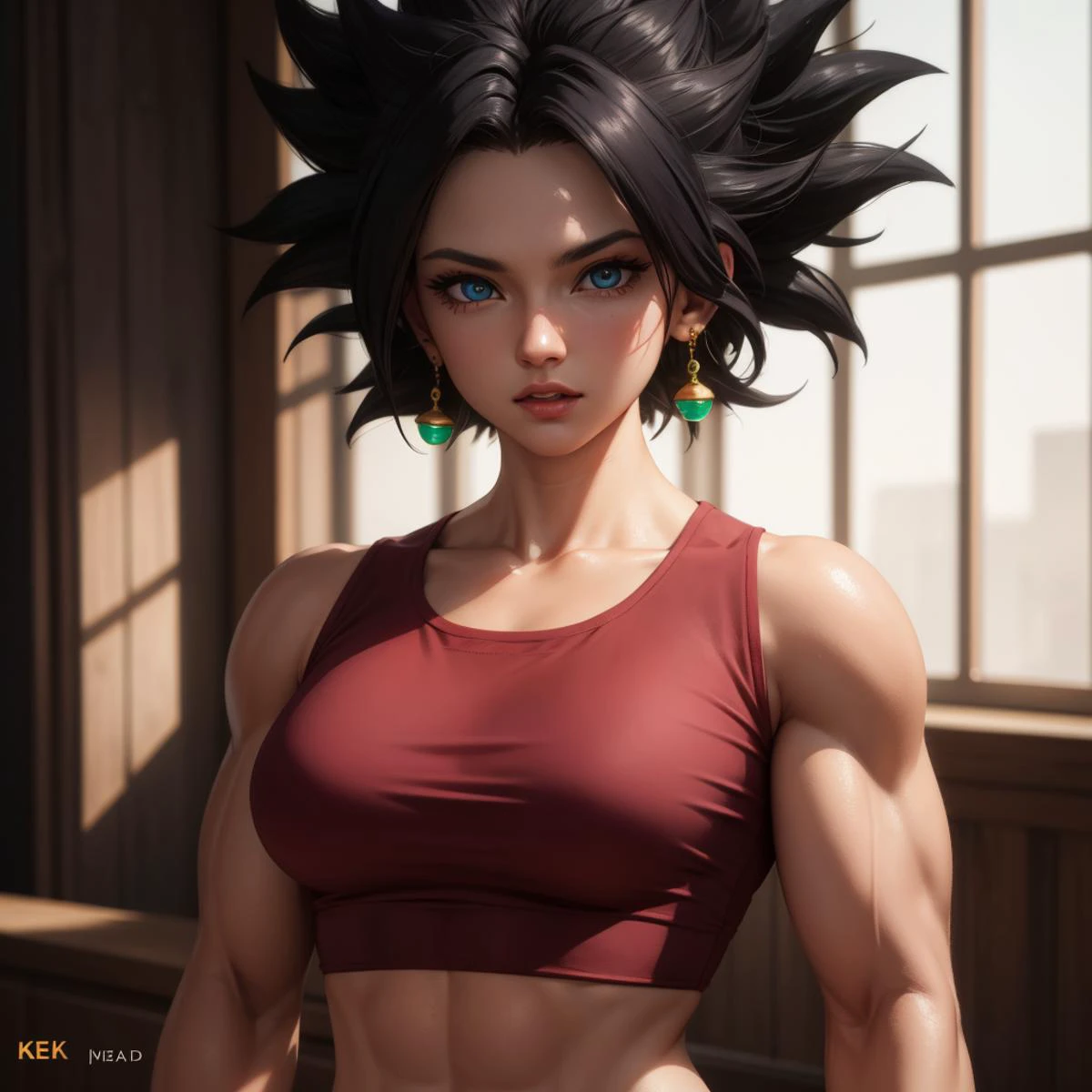RAW photo, (high detailed skin, detailed eyes:1.1), intricate details, best quality, 8k uhd, soft lighting, kefla_dragonball, muscular, jewelry, earrings, crop top <lora:kefla_dragon_ball:0.7>