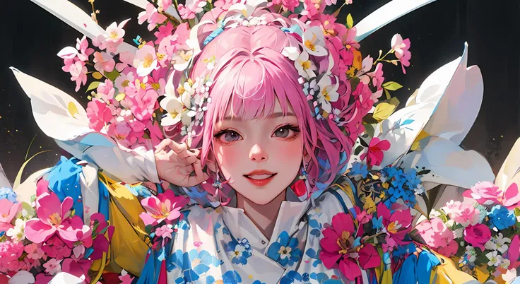 (masterpiece), (ultra detailed),1girl, solo,white orchid behind,field of flowers ,puxian opera,blooming flowers, dan role,complex flower background, jewelry, hair_ornament, tassel, smile,(high saturation),(colorful splashes)focus on face,highly intricate details,