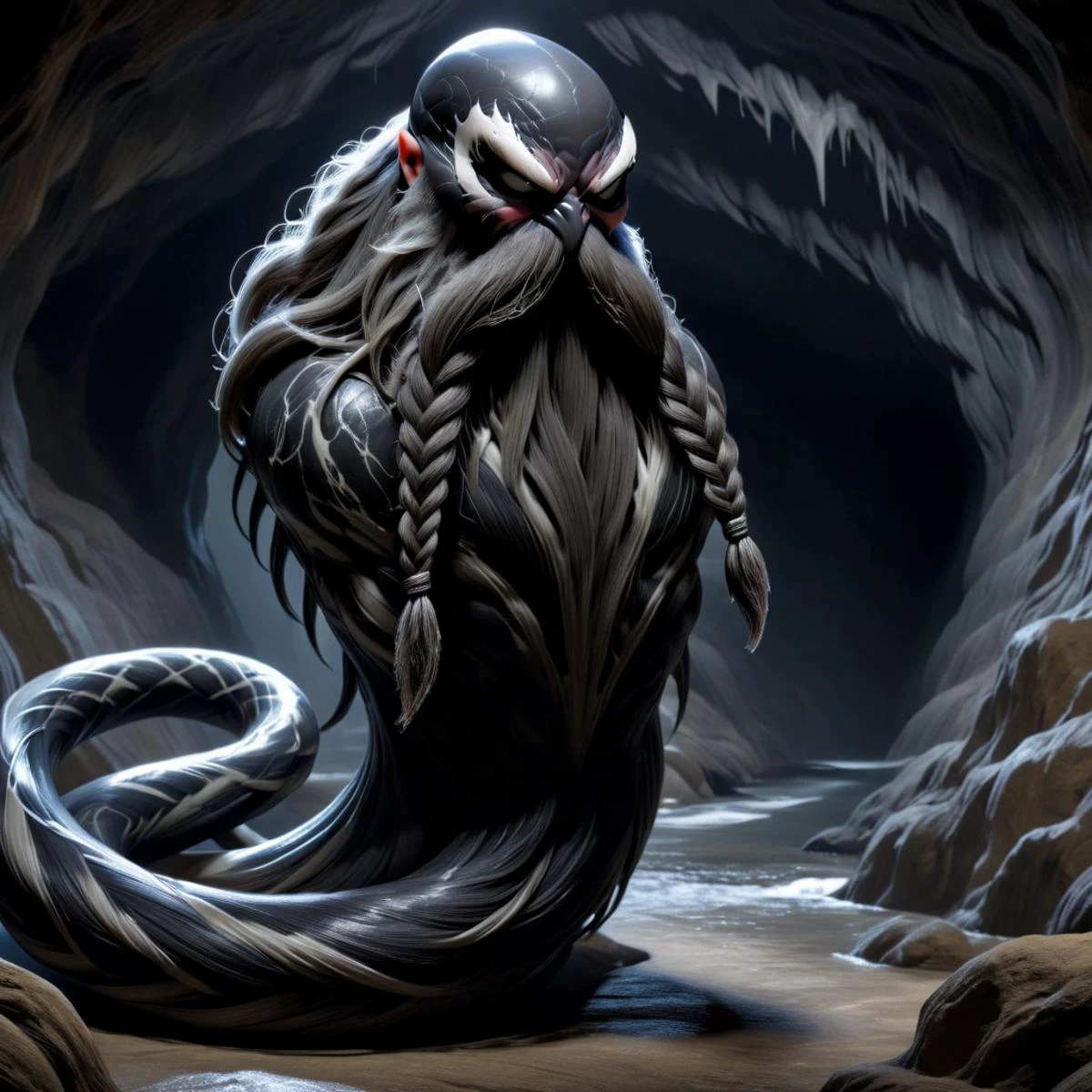 ultra detailed, masterpiece, Harry_Dwarf, venomized, venom symbiote, long black beard, braided moustache, bangles,(bald)<lora:Harry_Dwarf_1.5:1.2>, <lora:She-Venom-FFusion.LORA:0.7> <lora:add-detail-xl:1>, dark cave background, alien