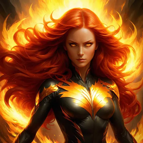 concept art (Cinematic Digital Artwork:1.3) of (Visual novel:1.3) <lora:She-VenomShe-Venom.LORA:1> a woman with red hair and fire in her hands, jean grey, portrait of jean grey, orange skin and long fiery hair, a dark phoenix, inspired by Raymond Swanland, goddess of fire, artgerm detailed, graphic artist magali villeneuve, appears as the fire goddess, phoenixinspired, graphic artist artgerm, stanley artgerm lau,CGSociety,ArtStation,(Offset print:1.3) . digital artwork, illustrative, painterly, matte painting, highly detailed