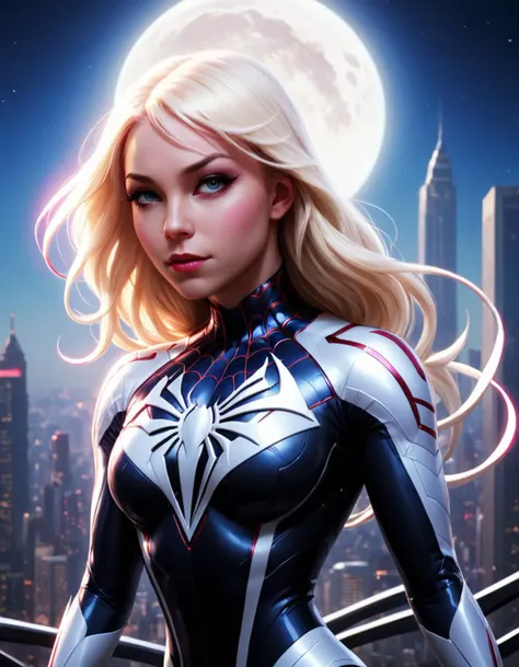 (Masterpiece, 4k resolution, ultra-realistic, very detailed), (White superhero theme, charismatic, there's a girl on top of town, wearing Absolute Comics white widow costume, she's a superhero), [ ((25 years), (long blonde hair:1.2), full body, (blue eyes:1.2), ((Spider-Man pose),show of strength, jumping from one building to another), ((sandy urban environment):0.8)| (cityscape, at night, dynamic lights), (full moon))] # Explanation: The Prompt mainly describes a 4K painting of ultra-high definition, very realistic, very detailed. It shows a superheroine at the top of the city, wearing a white widow costume from Absolute Comics The theme in the painting is a white superhero theme, the female protagonist has long blonde hair is 25 years old and her entire body is shown in the painting. In terms of portraying the actions of superheroines, spiders are employed