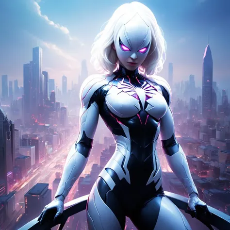 concept art (Cinematic Digital Artwork:1.3) of (Visual novel:1.3) <lora:She-VenomShe-Venom.LORA:1> a girl in a futuristic outfit standing in front of a city, spider gwen, spider gwen, spidergwen, inspired by Marek Okon, ig model artgerm, cyborg girl with silver hair, cyber suit, style artgerm, girl in mecha cyber armor, rossdraws 1 0, ross tran 8 k,CGSociety,ArtStation,(Dichromatic:1.3) . digital artwork, illustrative, painterly, matte painting, highly detailed
