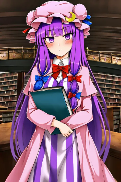 patchouli_knowledge, 1girl, crescent, long_hair, crescent_hat_ornament, purple_hair, purple_eyes, large_breasts, striped, hat_ornament, striped_dress, red_bow, solo, red_bowtie, mob_cap, dress, vertical-striped_dress, blush, looking_at_viewer, bangs, purple_dress, red_ribbon, vertical_stripes, long_sleeves, bow, blue_bow, ((library)), bookshelf, book stack <lora:Roki2-000006:1>