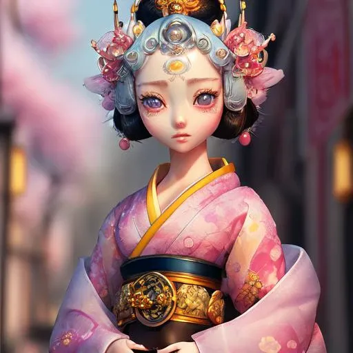 award winning photography, (character design by DollsMarinaBychkova-6500:1.2), a (cyberpunk geisha:1.2), she is wearing kimono, black hair, background is cherry blossom, intricate details, cinematic atmosphere, modelshoot style, dreamlikeart, dramatic lighting, trending artstation,