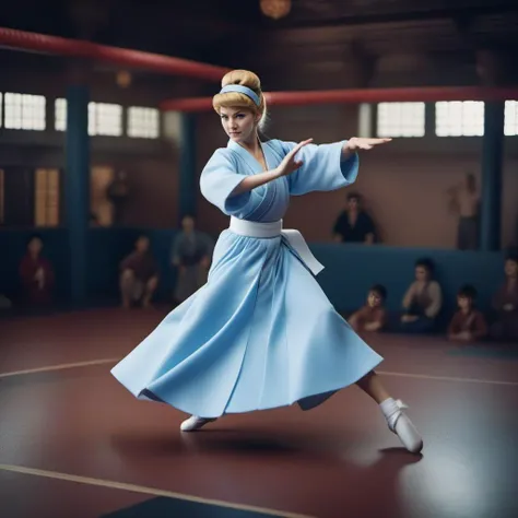 cinematic photo cinematic photo a full body agressive cinderella is a karate fighter in a dojo doing a highkick <lora:Cinderella1024:0.8> . 35mm photograph, film, bokeh, professional, 4k, highly detailed . 35mm photograph, film, bokeh, professional, 4k, highly detailed