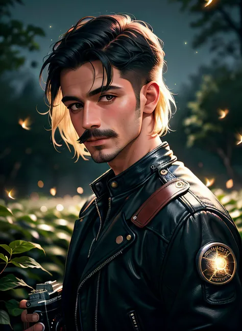 hyperrealistic, Celestial Beauty Candid view of a man, 1man, wearing Punk Biker outfit, with a mustache, Glowing fireflies in a garden, Holding a vintage film camera, capturing timeless moments, supernatural feel, unity 8k wallpaper, ultra detailed, beautiful and aesthetic, best quality, intricate, sharp focus, 8k textures , hyperrealistic, shot with Mamiya Leaf, Leica Elmar-M lens, 85mm, f/1.8, (high detailed skin:1.2), uhd, dsir, soft lighting, high quality, film grain, Cinematic, <lora:add_detail:0.8> <lora:LowRA:0.8> dark theme <lora:real_skin:1> skin