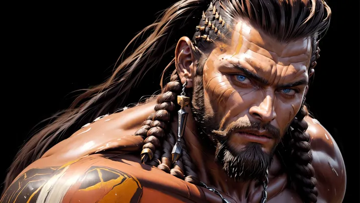  Polynesian white male (Muscular arms)strong build)long curly hair in a upright bun,a chain around his neck spelling kuri (kuri),sweat dripping down pecks,(Hawaiian tattoo on both arms from shoulder to wrist),blood splattered like graffiti,(holding a mk47 in left arm)blood on left side of face(cheek)