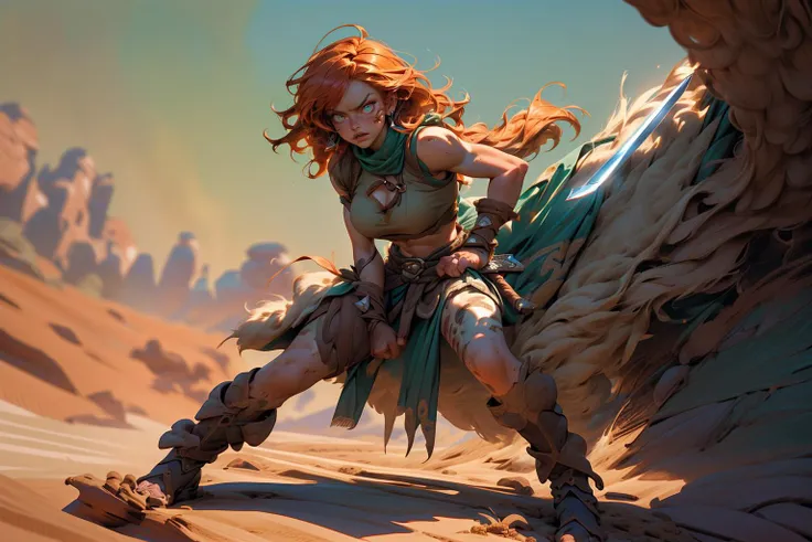 Award winning professional photo portrait of (Stunning Full Body ginger Barbarian in battle stance pose:1.4), (wearing large sword of steel:1.4)
(Detailed, perfect, high quality hand:1.5),
(Sleek, Athletic Physique:1.3),
(Detailed High Fur-Lined tribal Boots),
(detailed fur bra),
(Detailed fur loincloth),
(Detailed Fur Arm Wraps),
(Wind:1.4),
(Detailed natural tanned real_skin:1.3),
(Visible Toned Abdomen),
(Shapely, Emphasized Rear Curve),
(Detailed lLarge Breasts with Fur Details),
(Detailed Piercing Eyes Glinting with Fierce Green:1.3),
(Battle-Worn, Intense angry Face:1.4),
(Wild, Sunlit Hair:1.3),
(Desert Oasis Background:1.2),
(Warm, Earthy Color Palette:1.4),
(Clear Focus on Her Figure:1.5),
(Detailed Image Rendering:1.4),
(DSLR Image Quality:1.1),
(Sharp Image Focus on Subject:1.3),
(Film-Grain Texture:1.1),
(Dynamic High Definition Range:1.2),
(Blur Effect on Background for Depth:1.4),
(Detail-Enhanced Sharpness on Main Subject:1.4),
(8K UHD Resolution:1.1),
(High Definition Range:1.2),
(Trending on Unsplash:1.0),
<lora:real_skin:1>, <lora:NijiExpressV2:0.6>, <lora:add_detail:0.6>, <lora:more_details:0.3>