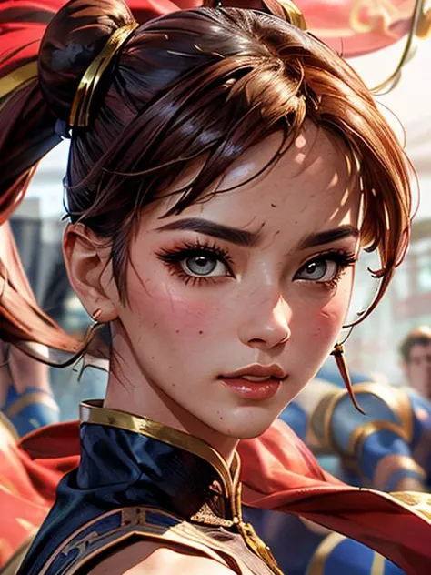 (AS-Adult:1.3) glamour portrait of beautiful chun-li, large breasts, solo, bare arms, fighting pose, trending on Artstation, chun li, golden chinese clothing, wide hips, muscular female, pink clothes, pantyhose, puffy short sleeves, bun cover, Clash of alien races in cosmic arena., <lora:real_skin:0.8>, <lora:add_detail:0.8>