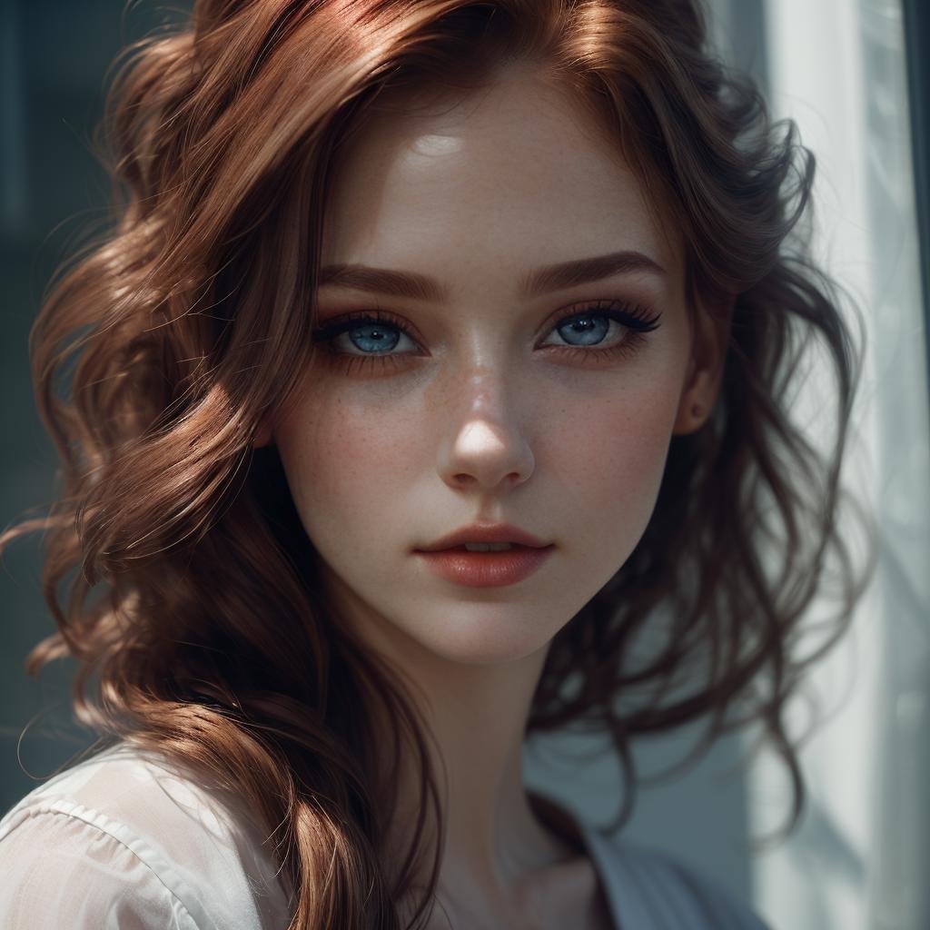 A woman with long red hair and blue eyes posing for a picture - SeaArt AI